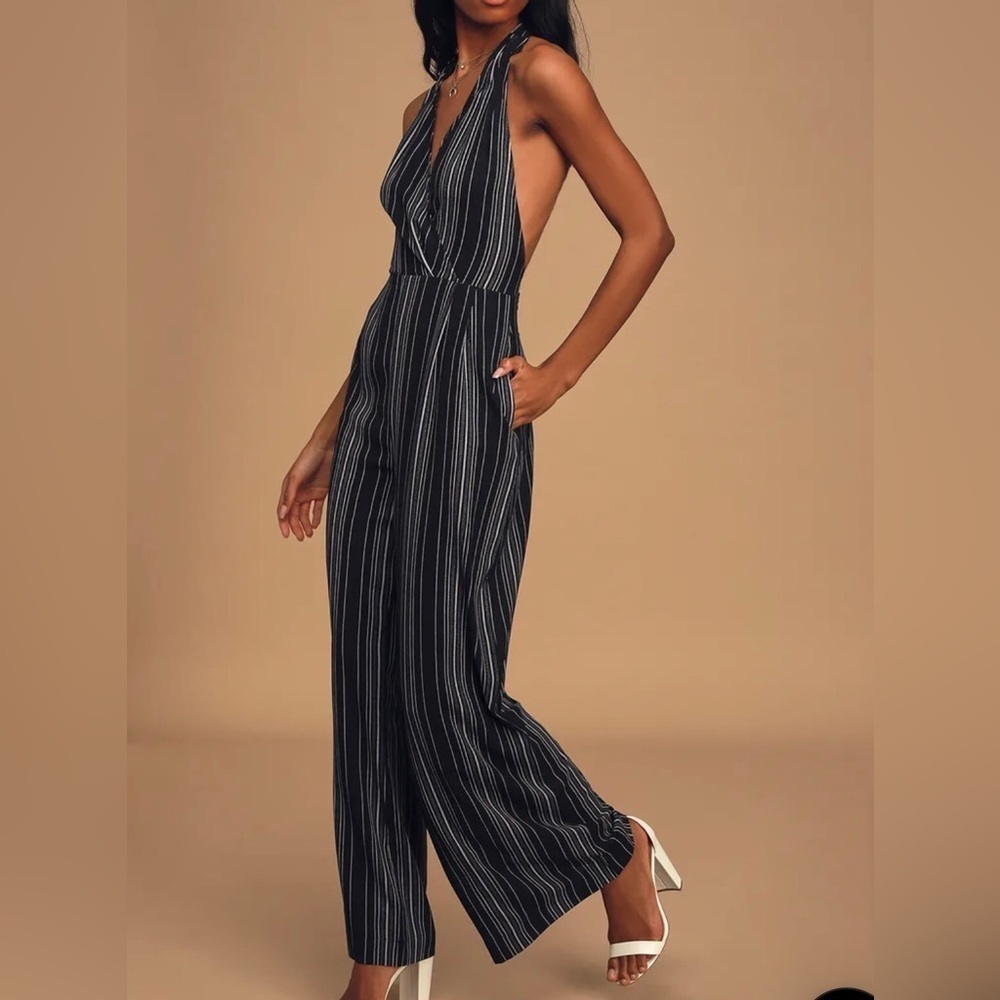 Lulus Seaside Chic Black Multi Striped Halter Wide-Leg Jumpsuit Size M